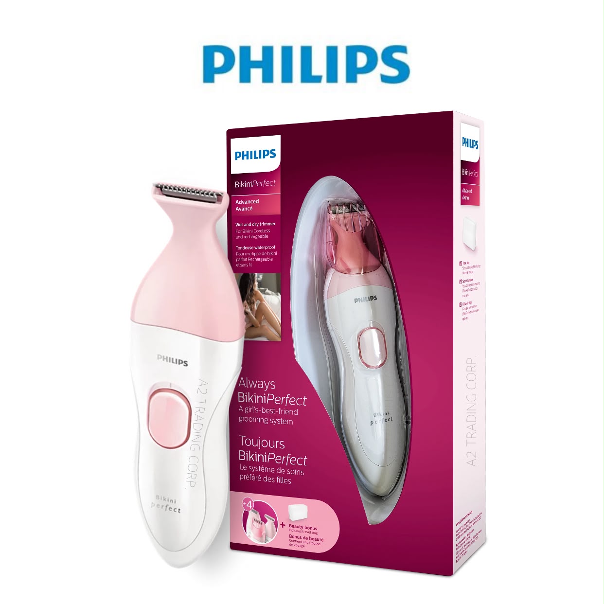 Philips BikiniPerfect Advanced Women's Rechargeable Bikini Trimmer Kit, Wet & Dry, 3 Attachments - White:Pink