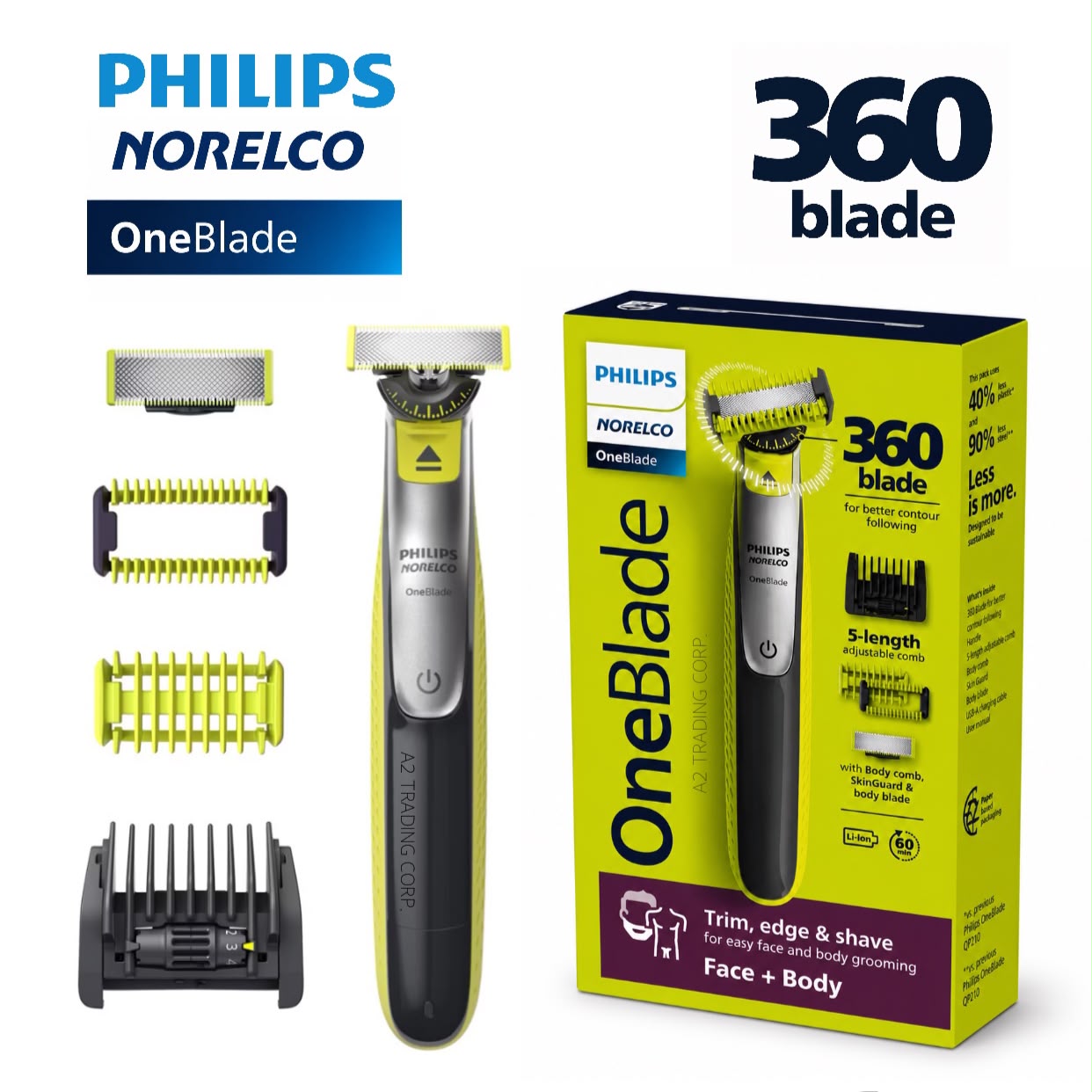 Philips Norelco OneBlade 360 Face + Body Electric Trimmer & Shaver, Rechargeable, 5-in-1 Adjustable Comb, Body Kit Included - Black:Green