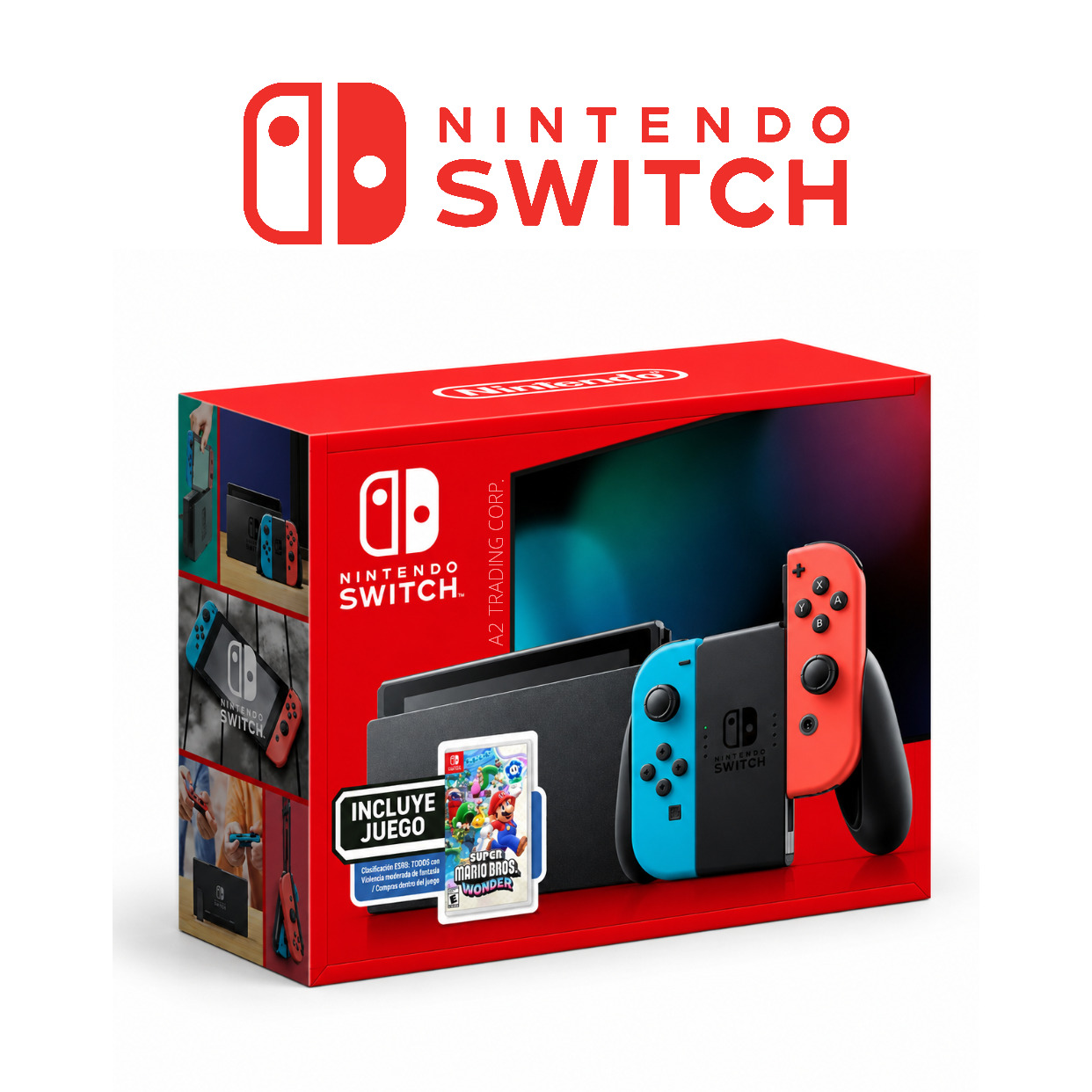 Nintendo Switch V2 Neon + Super Mario Bros Wonder (Physical Game)