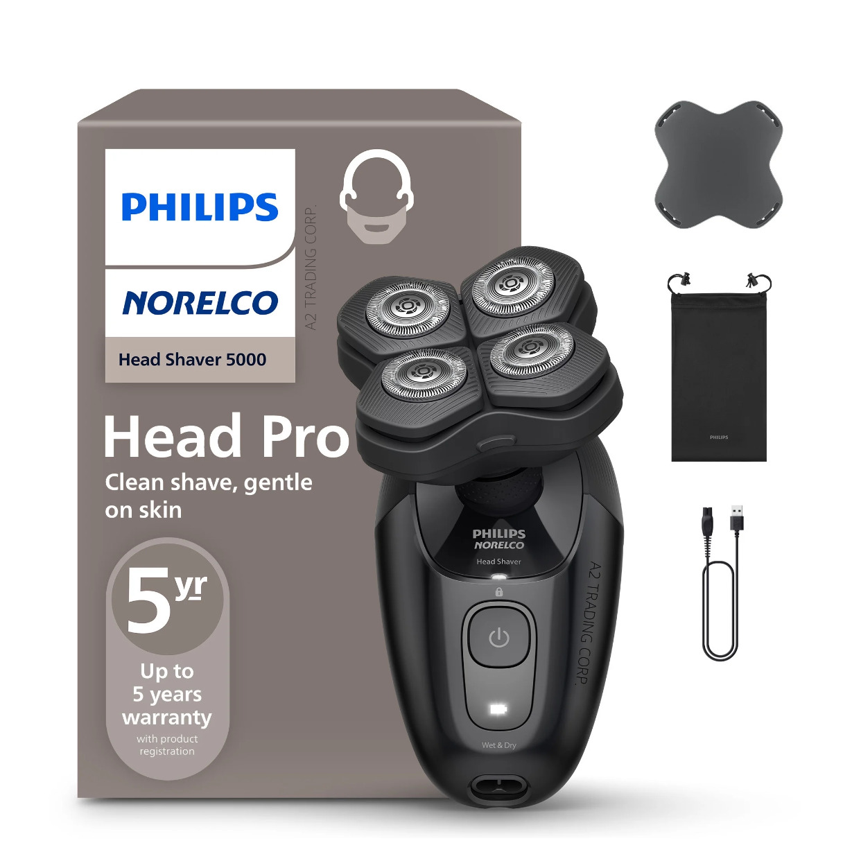 Philips Norelco Head Shaver Pro 5000, Rechargeable Electric Skull Shaver, 360° Flexing Heads, ComfortCut Blades, Genlte on Skin - Deep Black