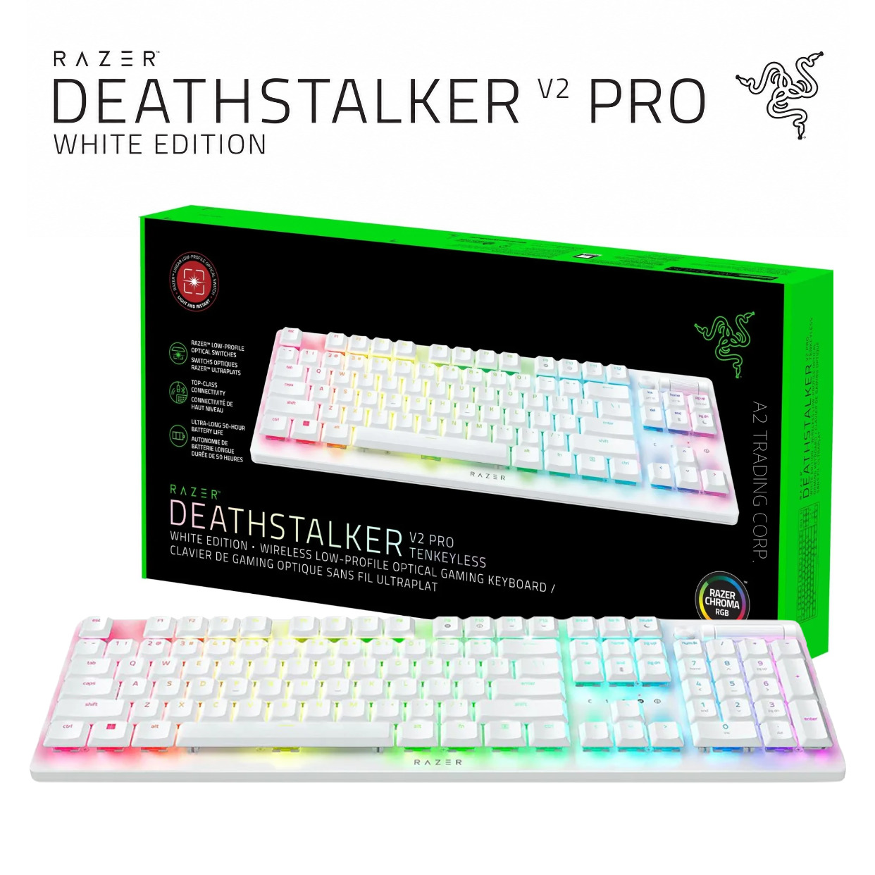 Razer DeathStalker V2 Pro Tenkeyless Wireless Gaming Keyboard, Low-Profile Optical Switches, HyperSpeed Wireless & Bluetooth - White